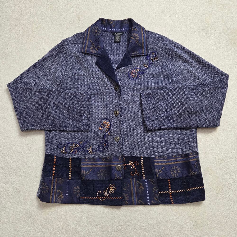 VTG T&Company L Embroidered Knit Patchwork Button Front Jacket Long Sleeve Blue